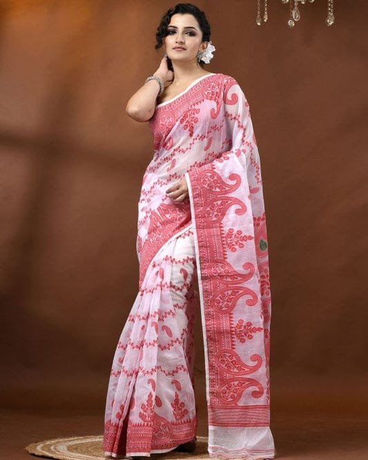Nokshi Soft Dhakai Jamdani Saree - White