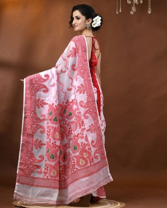 Nokshi Soft Dhakai Jamdani Saree - White