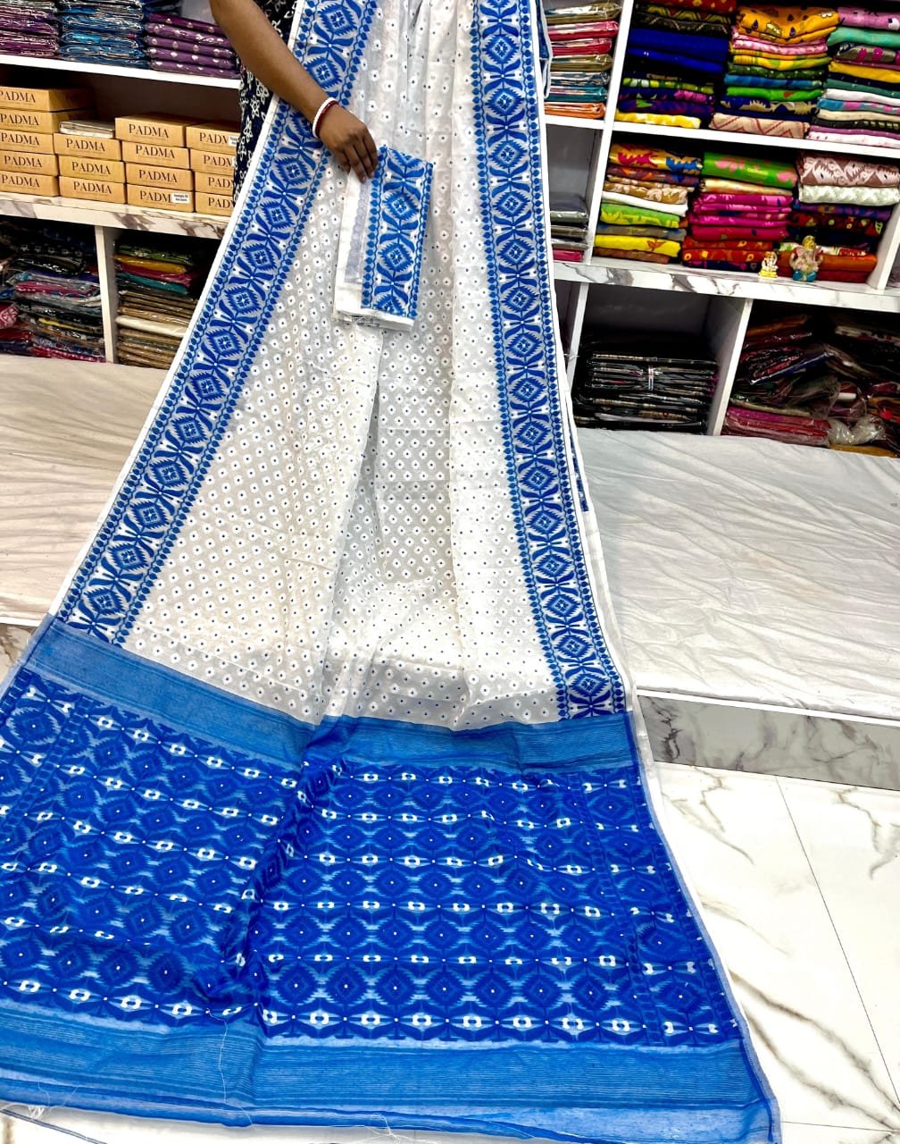 Barfi Soft Dhakai Jamdani Sari with Blouse Piece - White 1 Barfi Soft Dhakai Jamdani Sari with Blouse Piece - White
