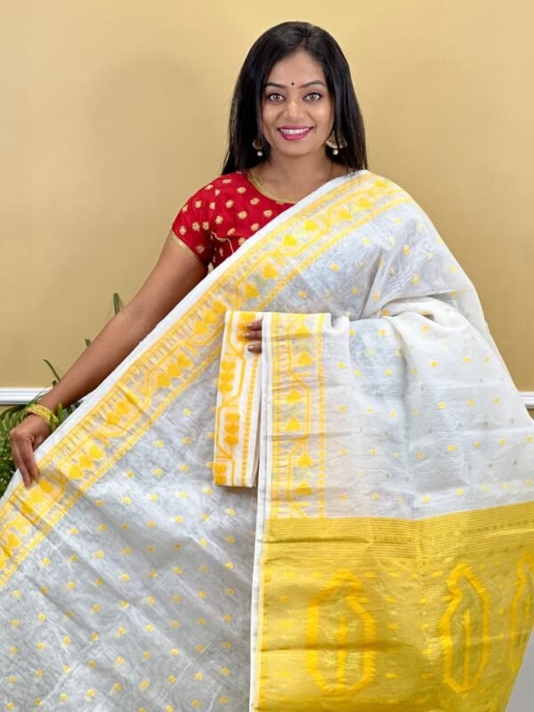 Buti Soft Dhakai Jamdani Saree with Blouse Piece - White