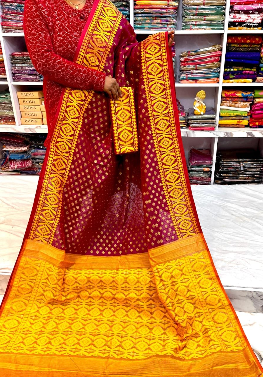 Barfi Soft Dhakai Jamdani Sari with Blouse Piece - Wine Red 1 Barfi Soft Dhakai Jamdani Sari with Blouse Piece - Wine Red