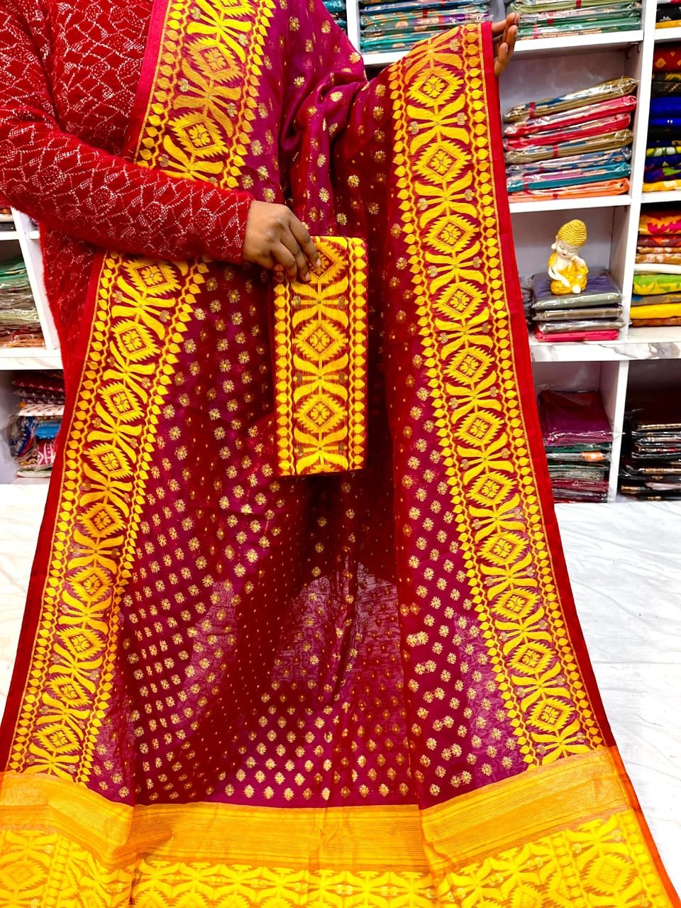 Barfi Soft Dhakai Jamdani Sari with Blouse Piece - Wine Red 2 Barfi Soft Dhakai Jamdani Sari with Blouse Piece - Wine Red