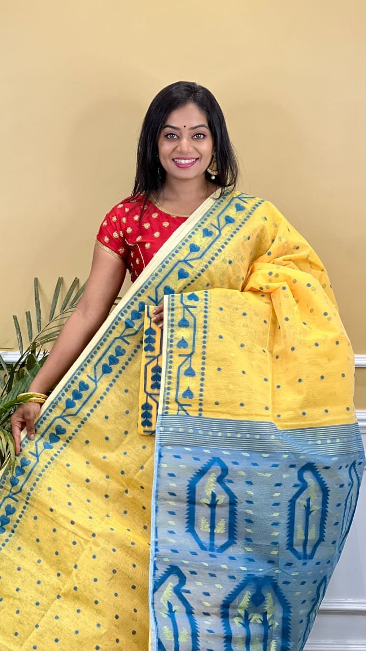 Buti Soft Dhakai Jamdani Saree with Blouse Piece - Yellow 1 Buti Soft Dhakai Jamdani Saree with Blouse Piece - Yellow