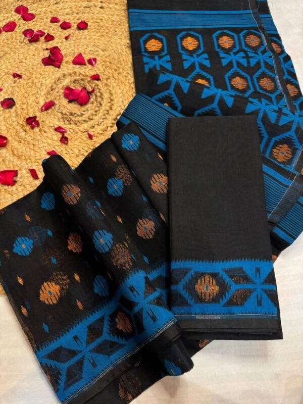 Barfi Buti Soft Dhakai Jamdani Sari with Blouse Piece - Black