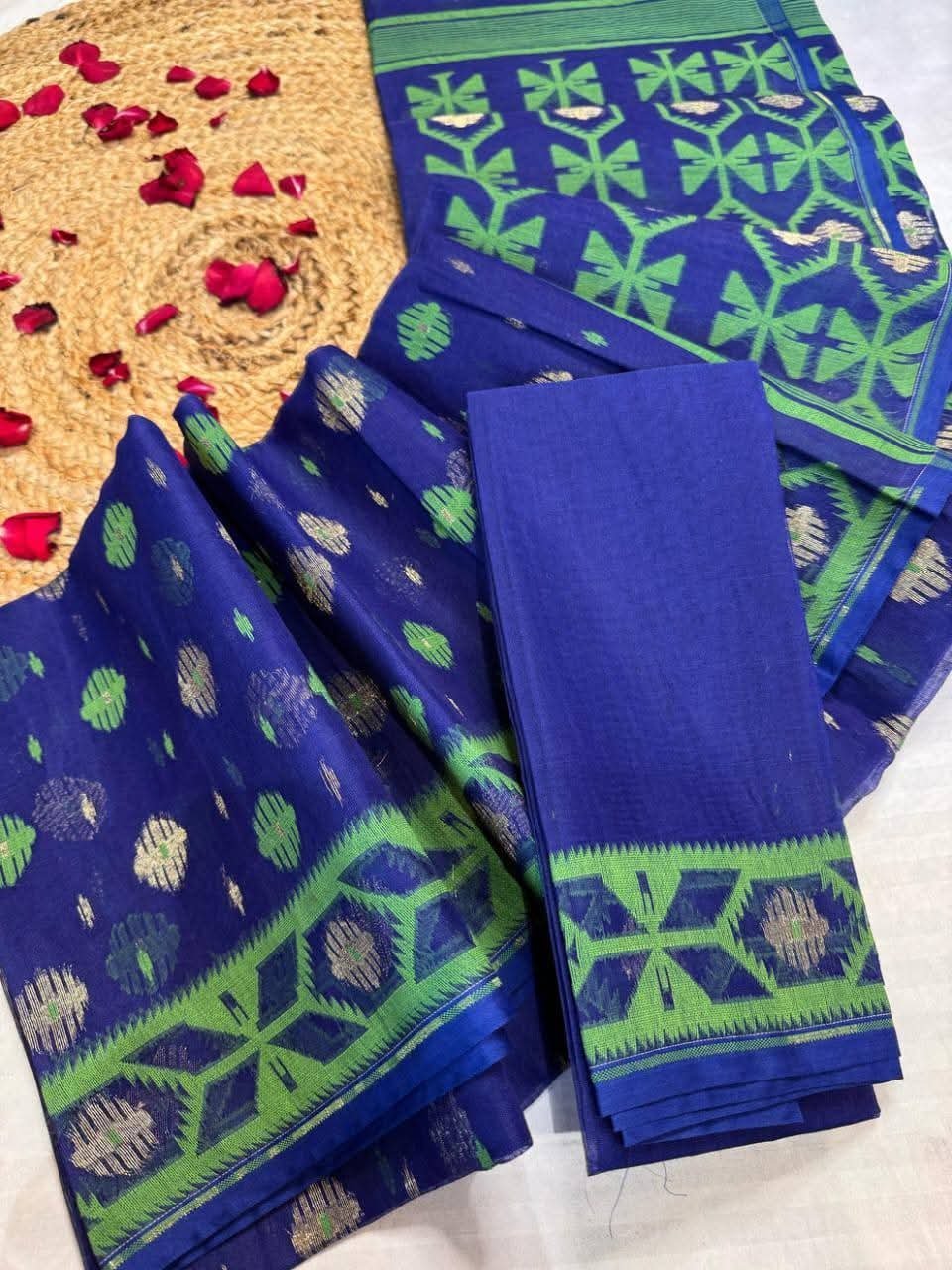 Barfi Buti Soft Dhakai Jamdani Sari with Blouse Piece - Blue 1 Barfi Buti Soft Dhakai Jamdani Sari with Blouse Piece - Blue