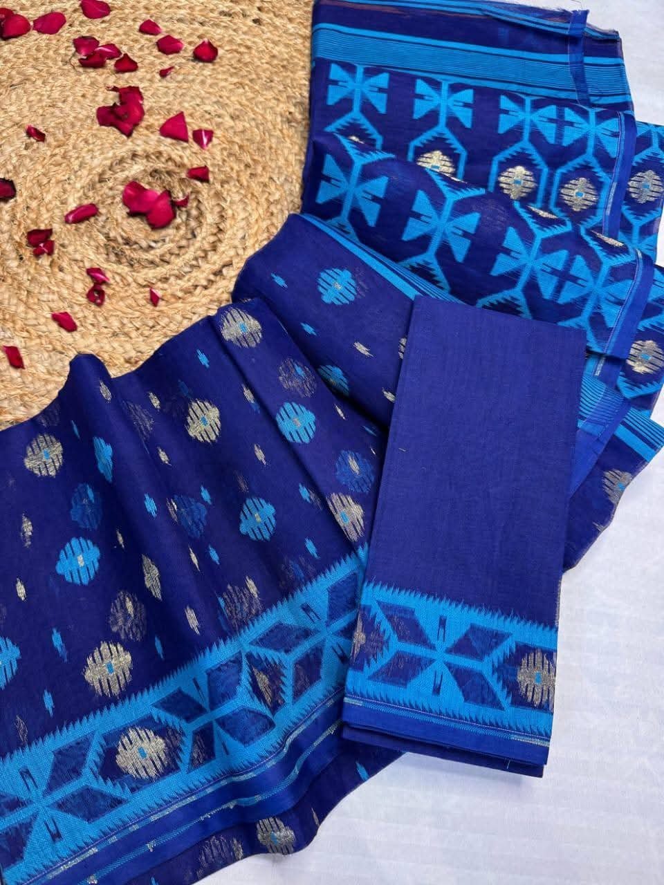 Barfi Buti Soft Dhakai Jamdani Sari with Blouse Piece - Blue 1 Barfi Buti Soft Dhakai Jamdani Sari with Blouse Piece - Blue