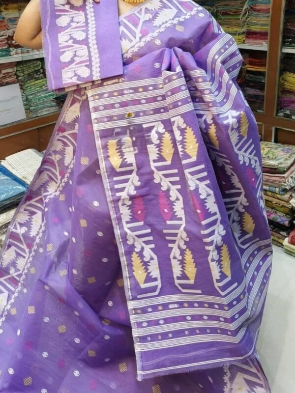 Home 56 Dark Lavender Soft Dhakai Jamdani Sari With Blouse Piece