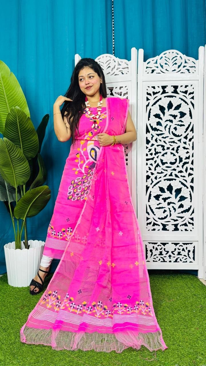 Unstitched Soft 2 Piece Jamdani Churidar - Deep Pink 3 Unstitched Soft 2 Piece Jamdani Churidar - Deep Pink - Image 3