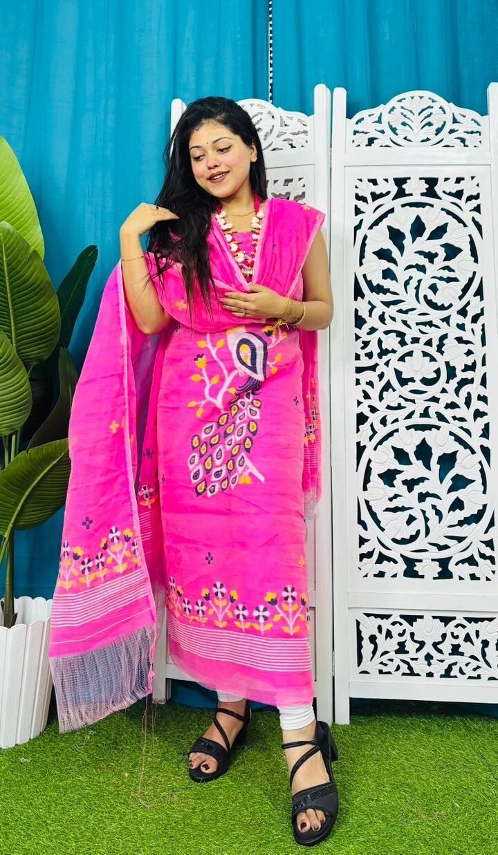 Unstitched Soft 2 Piece Jamdani Churidar - Deep Pink 1 Unstitched Soft 2 Piece Jamdani Churidar - Deep Pink