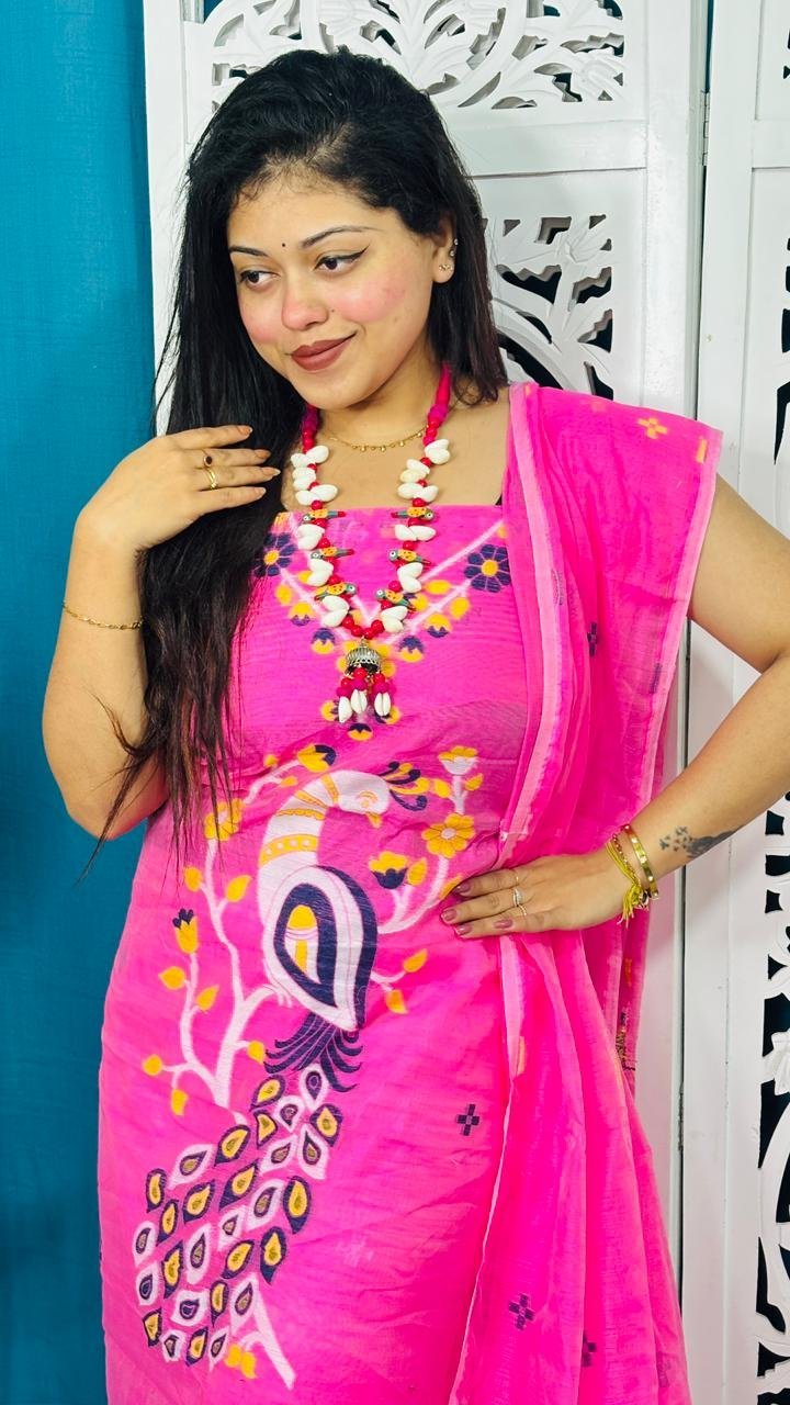 Unstitched Soft 2 Piece Jamdani Churidar - Deep Pink 2 Unstitched Soft 2 Piece Jamdani Churidar - Deep Pink - Image 2