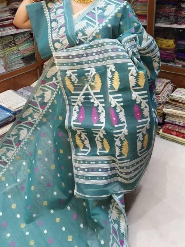 Home 13 Dusty Teal Soft Dhakai Jamdani Sari With Blouse Piece