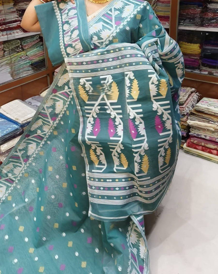 Dusty Teal Soft Dhakai Jamdani Sari With Blouse Piece 1 Dusty Teal Soft Dhakai Jamdani Sari With Blouse Piece