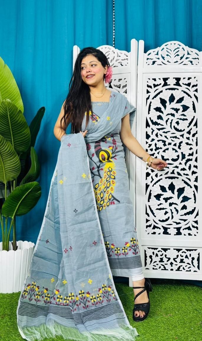Unstitched Soft 2 Piece Jamdani Churidar - Gull Grey 1 Unstitched Soft 2 Piece Jamdani Churidar - Gull Grey