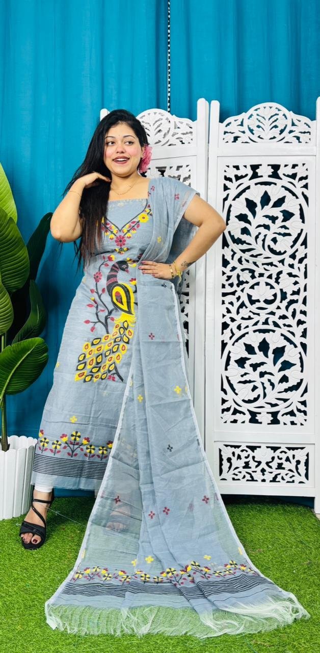 Unstitched Soft 2 Piece Jamdani Churidar - Gull Grey 2 Unstitched Soft 2 Piece Jamdani Churidar - Gull Grey - Image 2