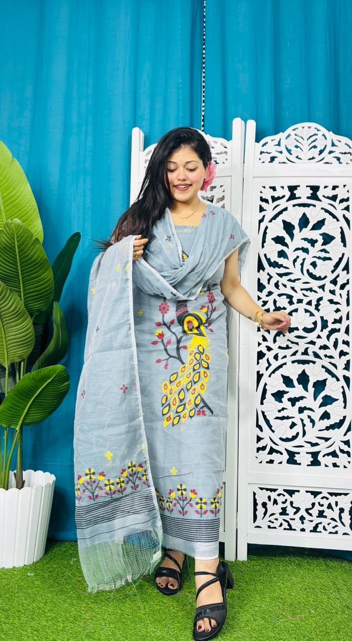 Unstitched Soft 2 Piece Jamdani Churidar - Gull Grey 3 Unstitched Soft 2 Piece Jamdani Churidar - Gull Grey - Image 3