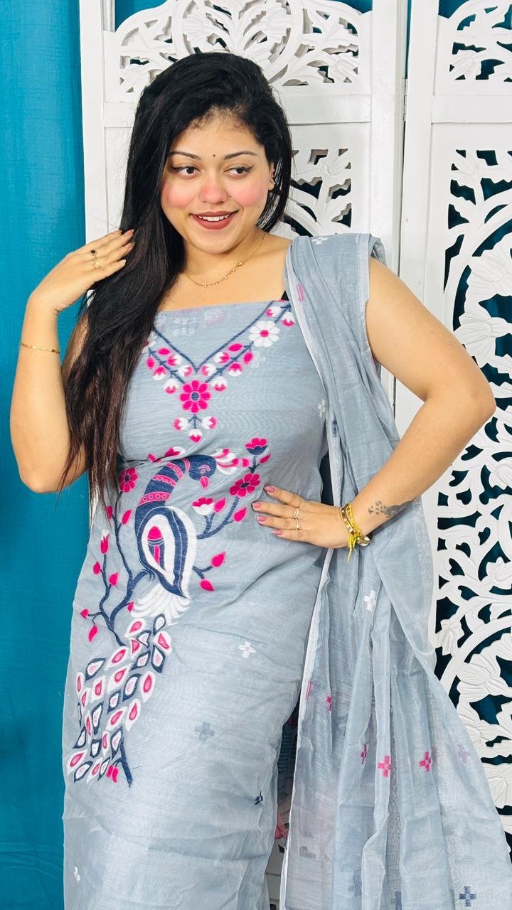 Unstitched Soft 2 Piece Jamdani Churidar - Gull Grey 2 Unstitched Soft 2 Piece Jamdani Churidar - Gull Grey - Image 2