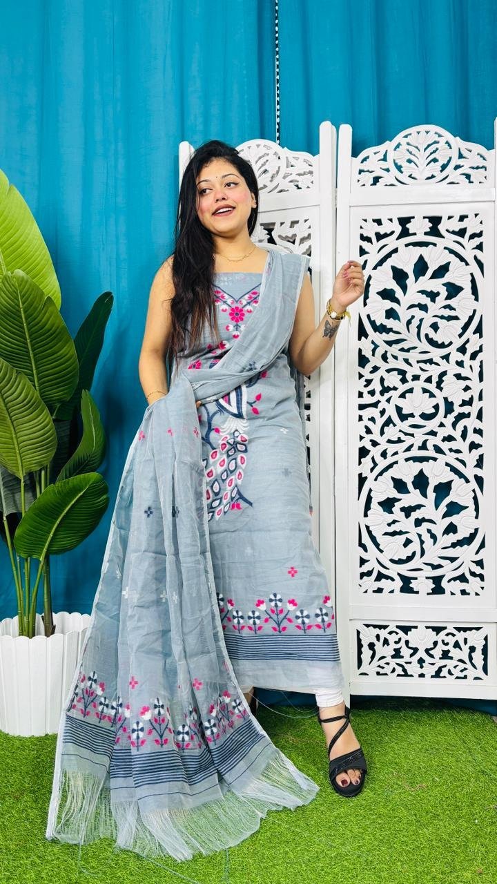 Unstitched Soft 2 Piece Jamdani Churidar - Gull Grey 3 Unstitched Soft 2 Piece Jamdani Churidar - Gull Grey - Image 3