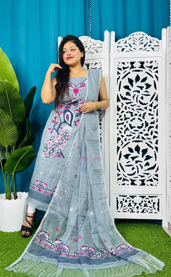 Unstitched Soft 2 Piece Jamdani Churidar - Gull Grey 1 Unstitched Soft 2 Piece Jamdani Churidar - Gull Grey