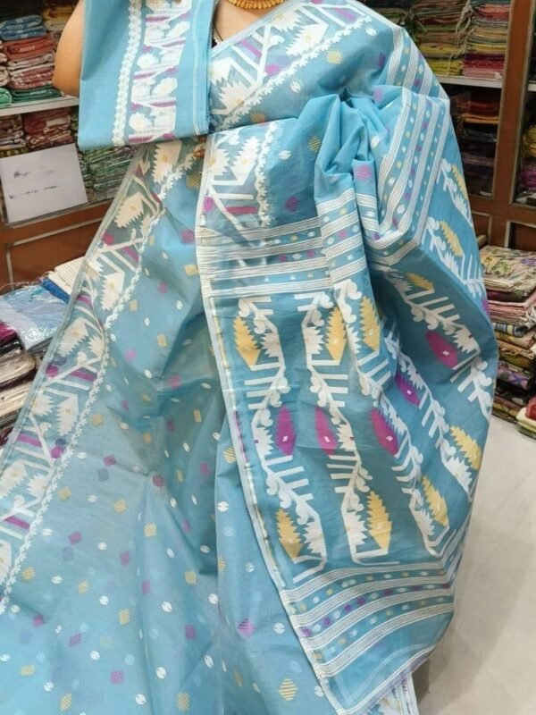Home 26 Hippie Blue Soft Dhakai Jamdani Sari With Blouse Piece