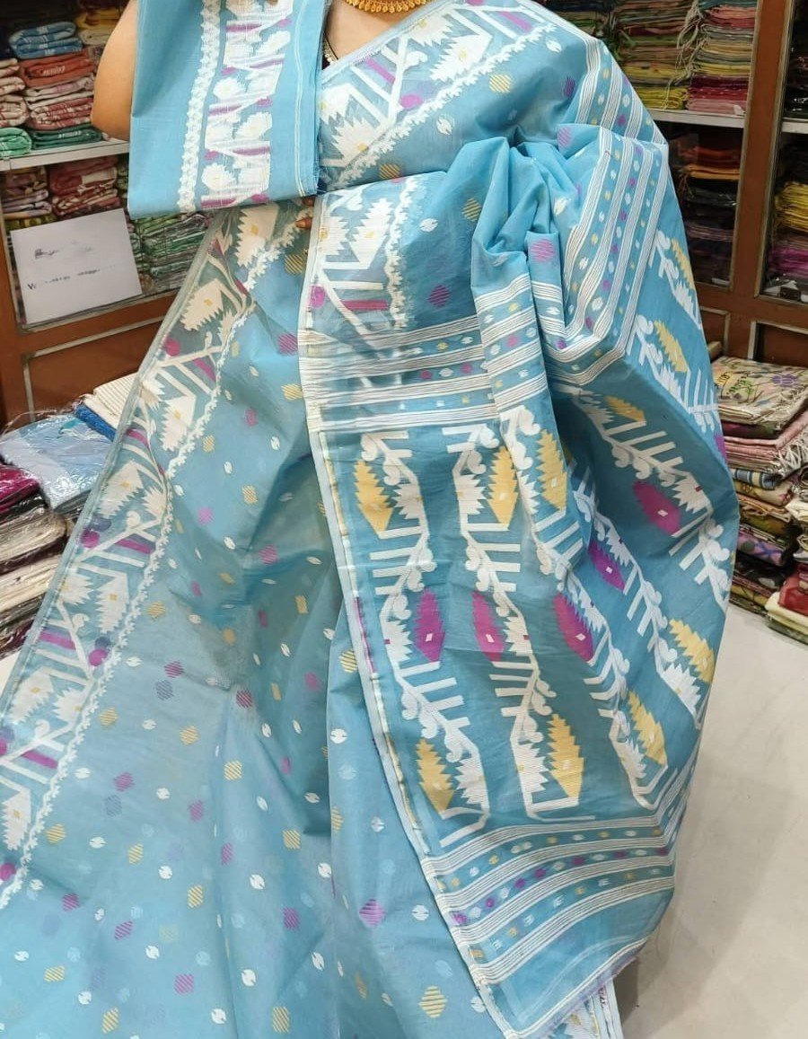 Hippie Blue Soft Dhakai Jamdani Sari With Blouse Piece 1 Hippie Blue Soft Dhakai Jamdani Sari With Blouse Piece