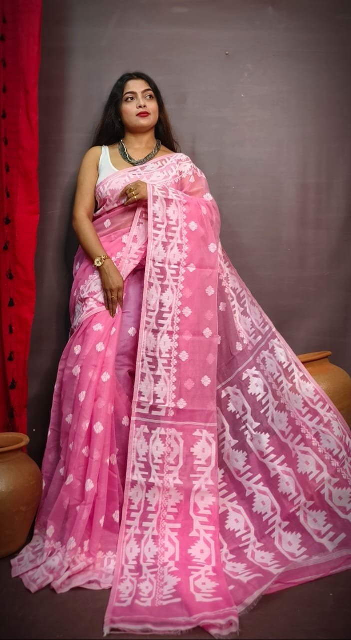 Exclusive Lotas Pink Borfi Design Jamdani Saree 1 Exclusive Lotas Pink Borfi Design Jamdani Saree