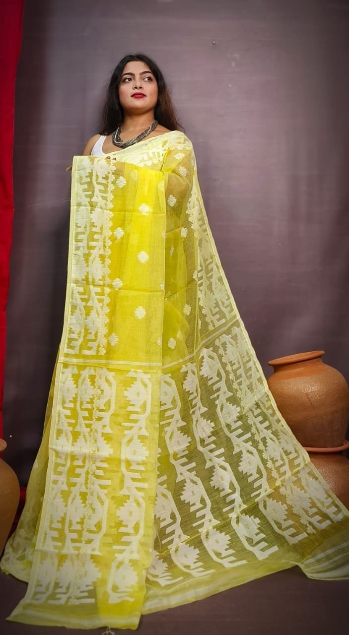 Fuel Yellow Body Masline Jamdani Saree 1 Fuel Yellow Body Masline Jamdani Saree