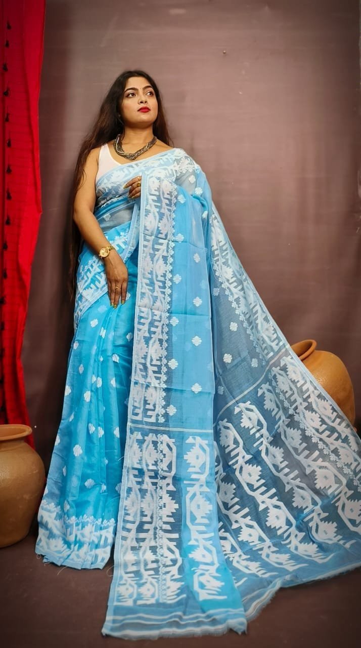 Exclusive Design Sky Blue Borfi Jamdani Saree 1 Exclusive Design Sky Blue Borfi Jamdani Saree