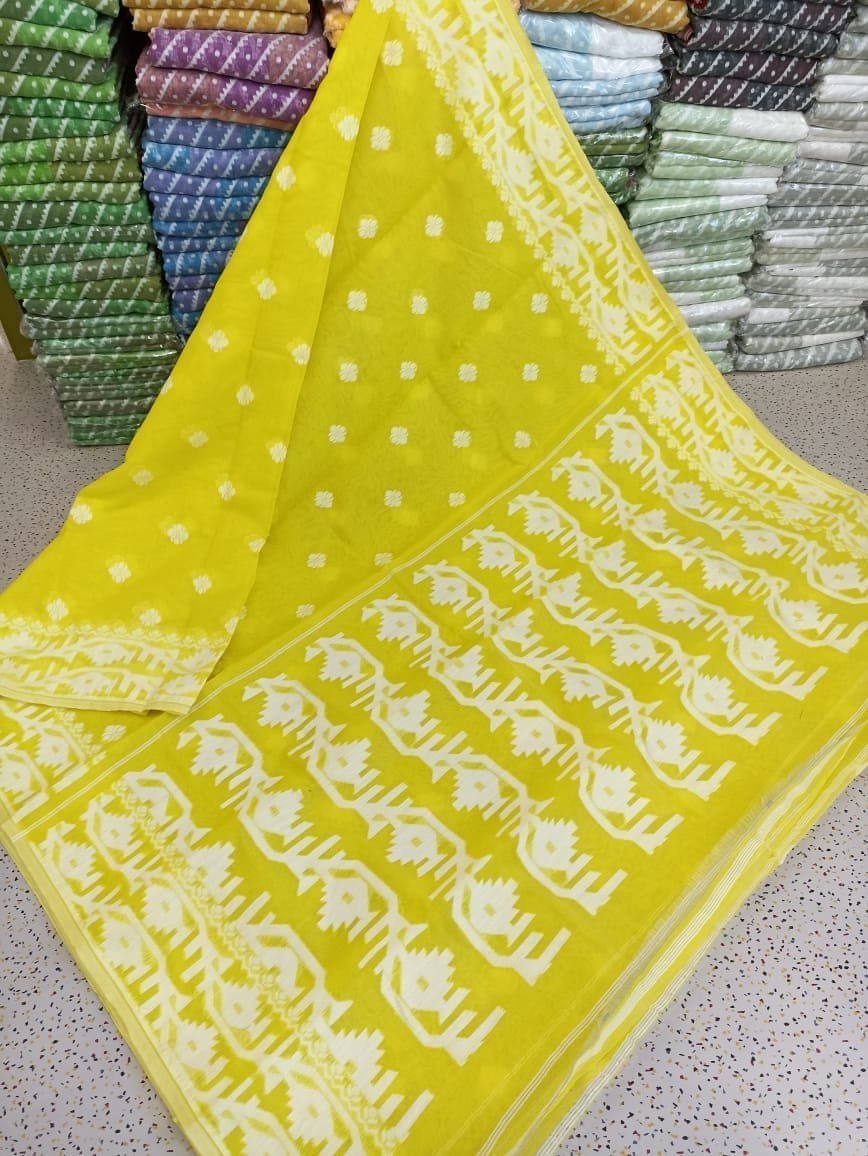 Fuel Yellow Body Masline Jamdani Saree 2 Fuel Yellow Body Masline Jamdani Saree - Image 2