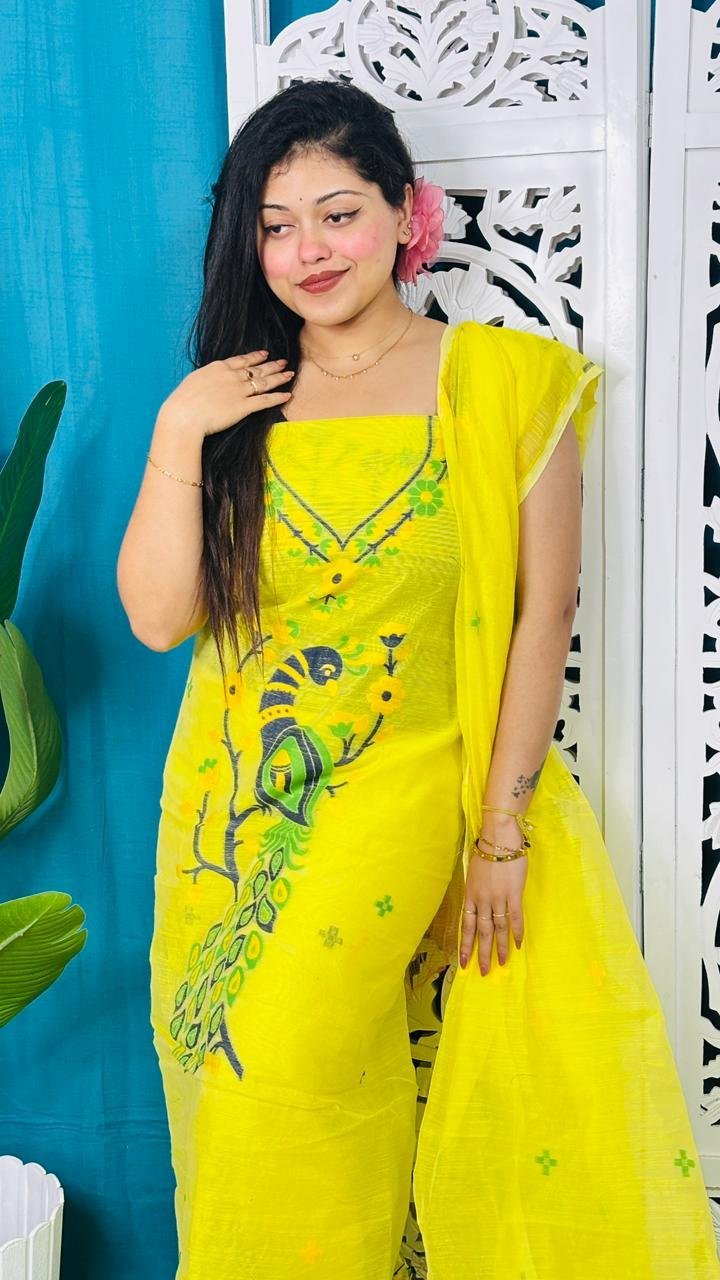 Unstitched Soft 2 Piece Jamdani Churidar - Lemon Yellow 2 Unstitched Soft 2 Piece Jamdani Churidar - Lemon Yellow - Image 2