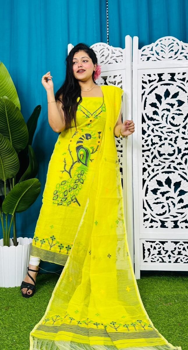 Unstitched Soft 2 Piece Jamdani Churidar - Lemon Yellow 1 Unstitched Soft 2 Piece Jamdani Churidar - Lemon Yellow
