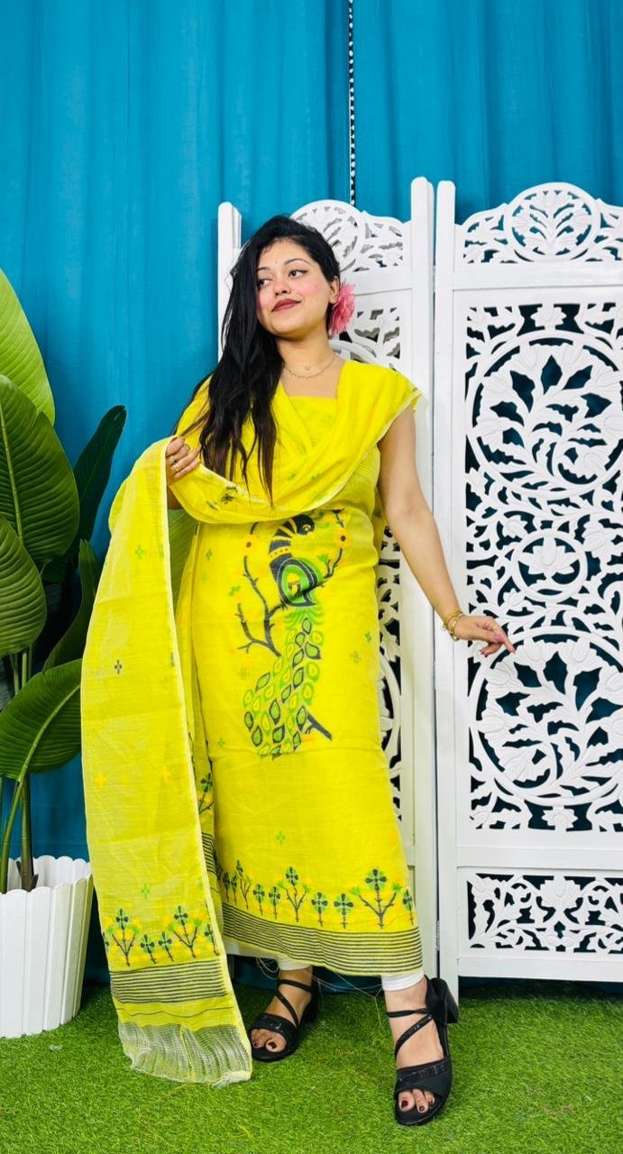 Unstitched Soft 2 Piece Jamdani Churidar - Lemon Yellow 3 Unstitched Soft 2 Piece Jamdani Churidar - Lemon Yellow - Image 3