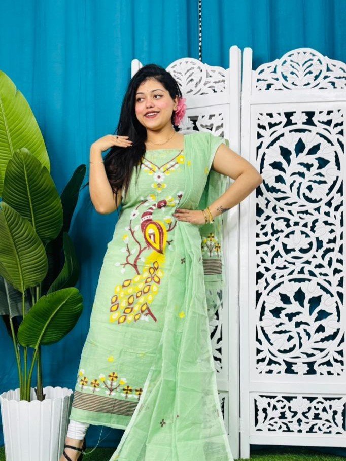Unstitched Soft 2 Piece Jamdani Churidar - Light Olive 4 Unstitched Soft 2 Piece Jamdani Churidar - Light Olive - Image 4