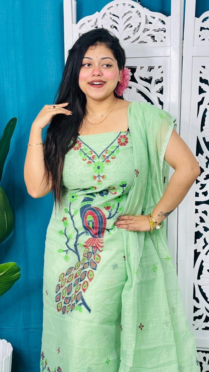 Unstitched Soft 2 Piece Jamdani Churidar - Light Olive 3 Unstitched Soft 2 Piece Jamdani Churidar - Light Olive - Image 3