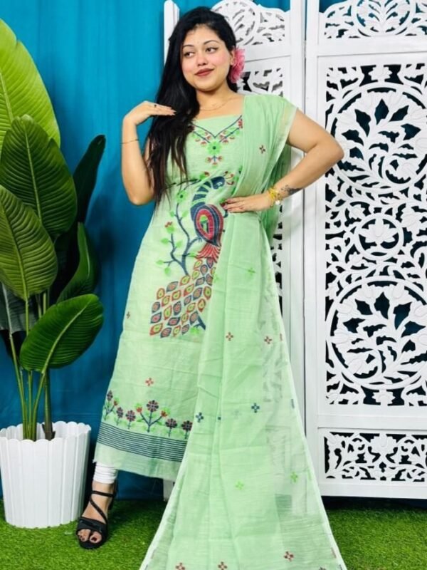 Home 68 Unstitched Soft 2 Piece Jamdani Churidar - Light Olive
