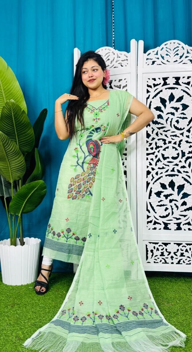 Unstitched Soft 2 Piece Jamdani Churidar - Light Olive 1 Unstitched Soft 2 Piece Jamdani Churidar - Light Olive