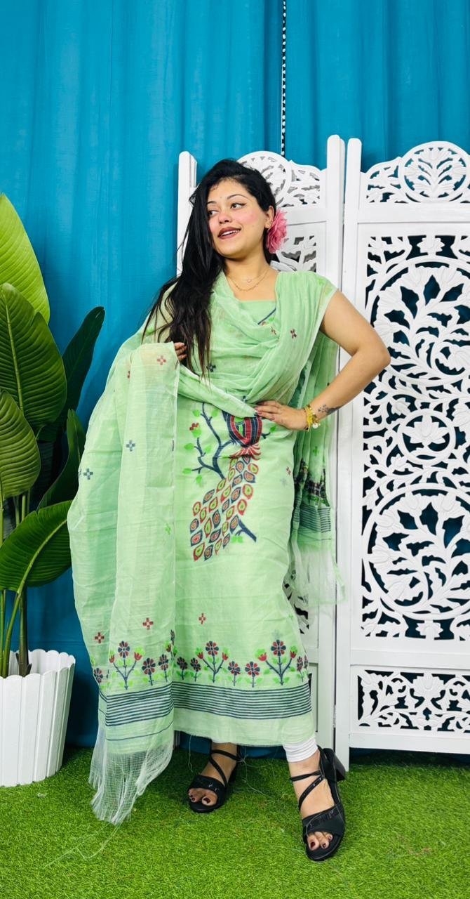 Unstitched Soft 2 Piece Jamdani Churidar - Light Olive 4 Unstitched Soft 2 Piece Jamdani Churidar - Light Olive - Image 4