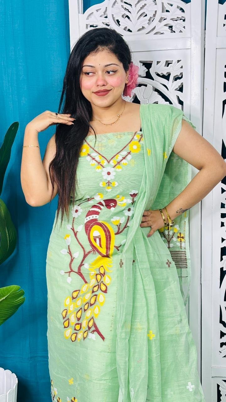 Unstitched Soft 2 Piece Jamdani Churidar - Light Olive 2 Unstitched Soft 2 Piece Jamdani Churidar - Light Olive - Image 2