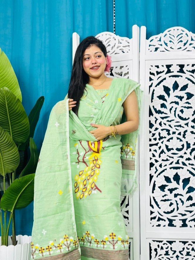 Unstitched Soft 2 Piece Jamdani Churidar - Light Olive 1 Unstitched Soft 2 Piece Jamdani Churidar - Light Olive