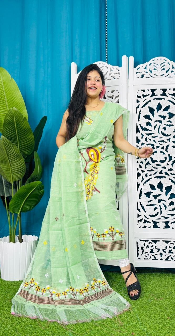 Unstitched Soft 2 Piece Jamdani Churidar - Light Olive 3 Unstitched Soft 2 Piece Jamdani Churidar - Light Olive - Image 3