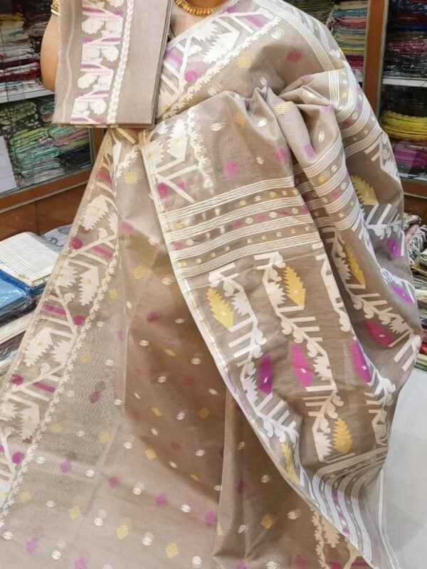 Home 51 Mushroom Soft Dhakai Jamdani Sari With Blouse Piece