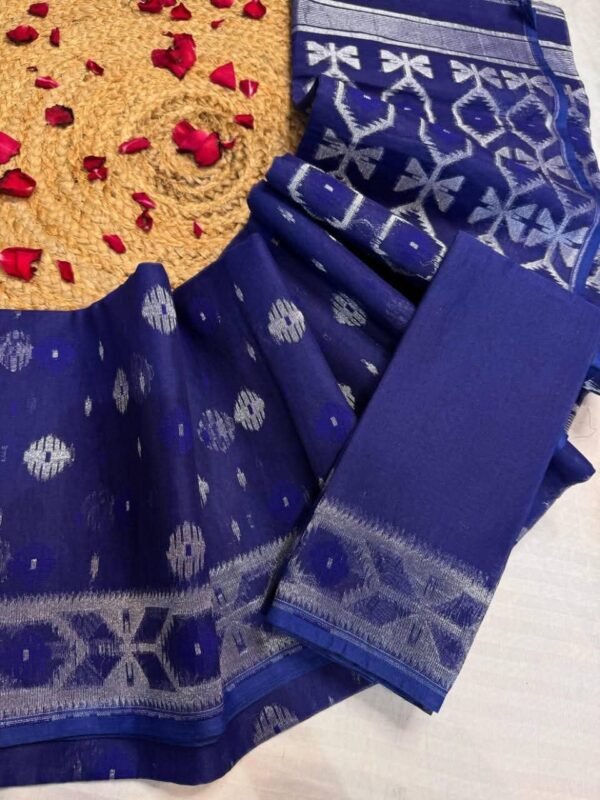 Home 20 Barfi Buti Soft Dhakai Jamdani Sari with Blouse Piece - Navy Blue