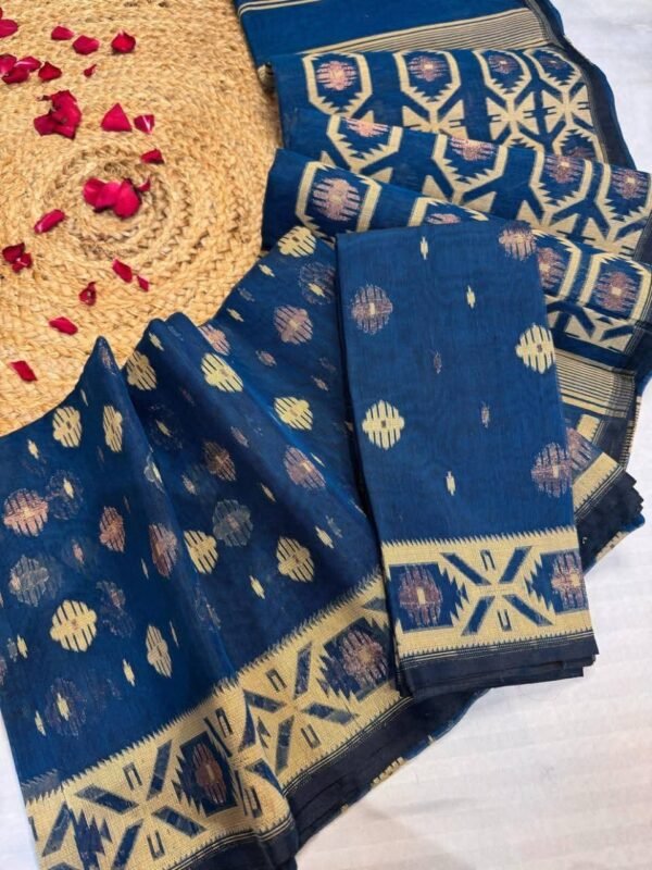 Barfi Buti Soft Dhakai Jamdani Sari with Blouse Piece - Dark Denim Blue