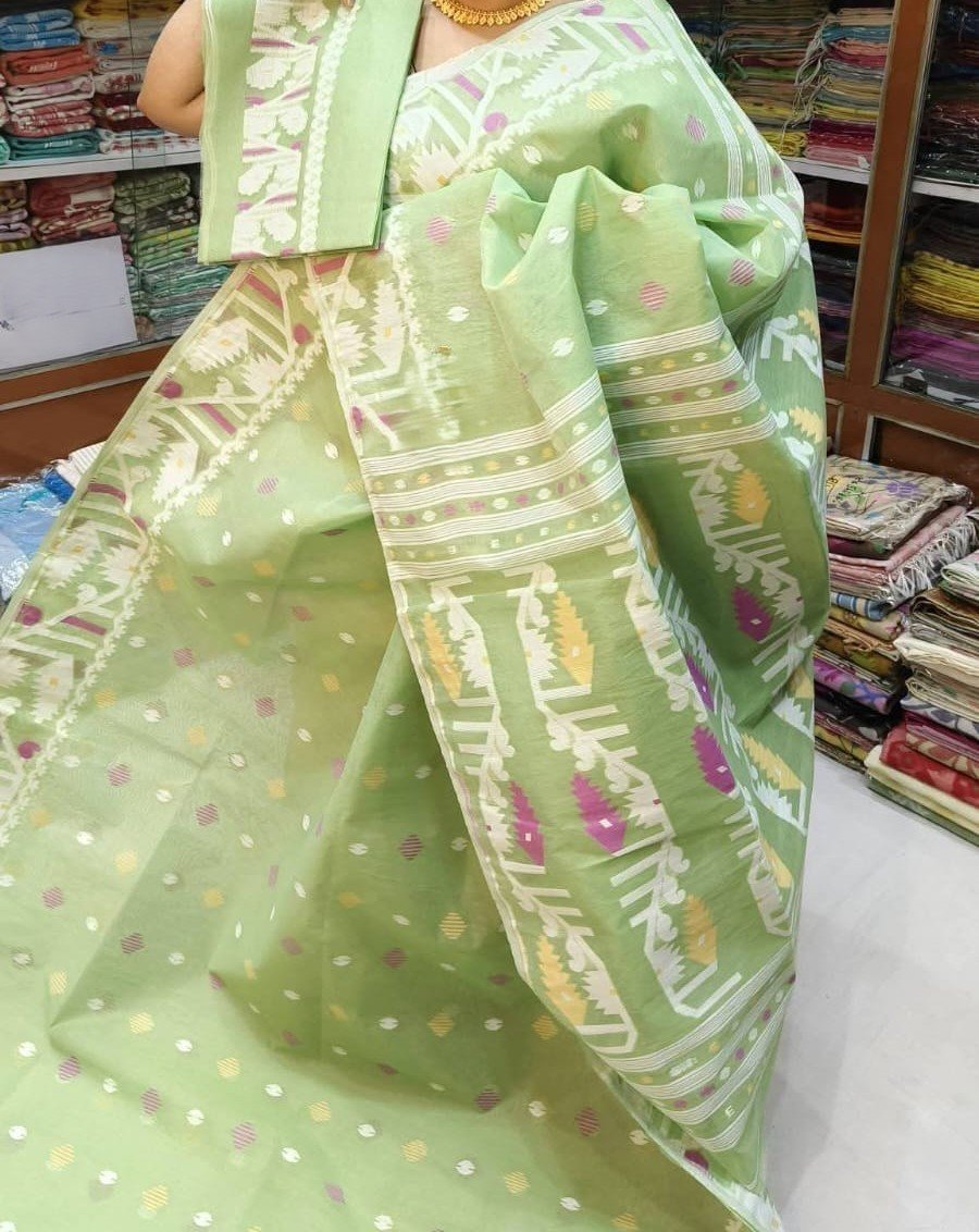 Olivine Soft Dhakai Jamdani Sari With Blouse Piece 1 Olivine Soft Dhakai Jamdani Sari With Blouse Piece