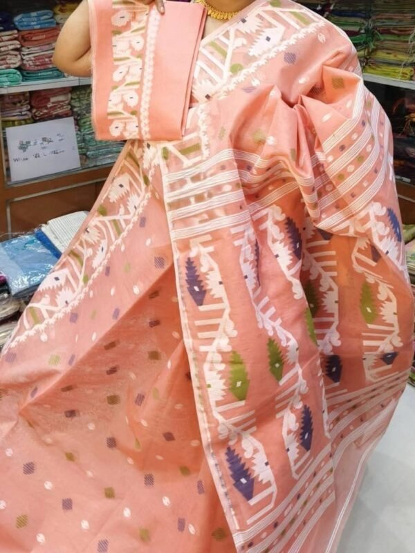 Home 48 Orange Salmon Soft Dhakai Jamdani Sari With Blouse Piece