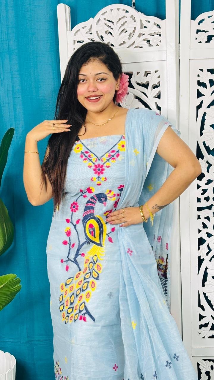 Unstitched Soft 2 Piece Jamdani Churidar - Pale Aqua 2 Unstitched Soft 2 Piece Jamdani Churidar - Pale Aqua - Image 2