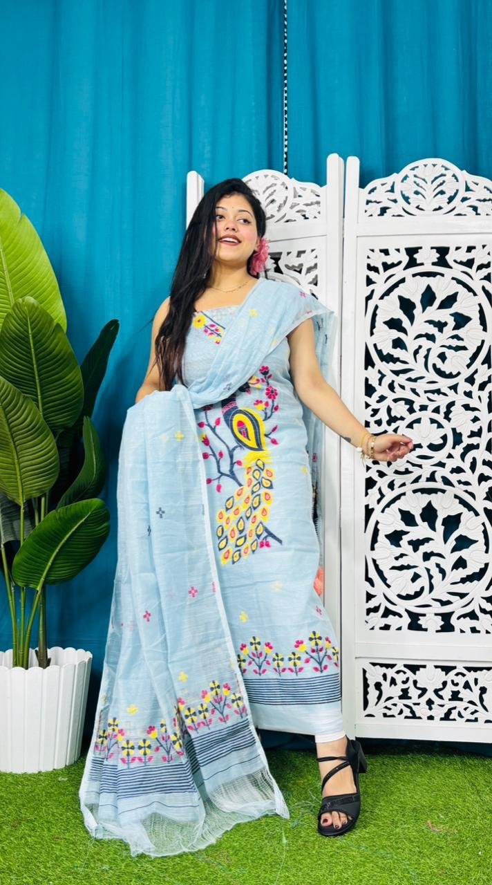 Unstitched Soft 2 Piece Jamdani Churidar - Pale Aqua 3 Unstitched Soft 2 Piece Jamdani Churidar - Pale Aqua - Image 3