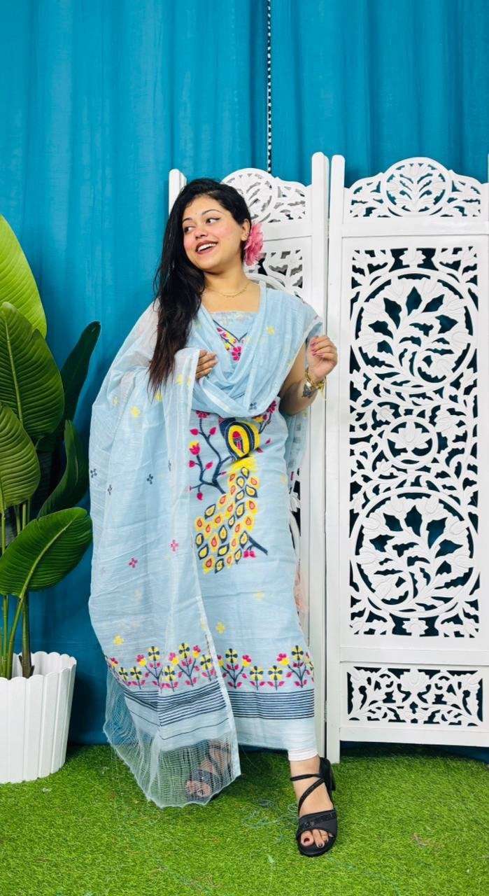Unstitched Soft 2 Piece Jamdani Churidar - Pale Aqua 4 Unstitched Soft 2 Piece Jamdani Churidar - Pale Aqua - Image 4