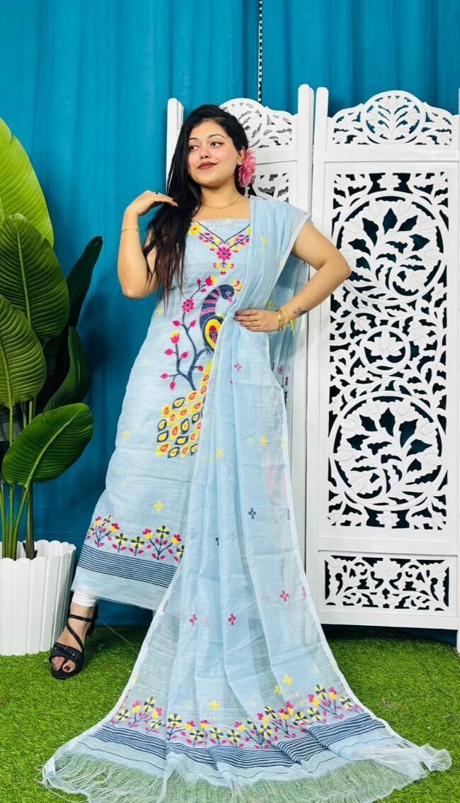 Unstitched Soft 2 Piece Jamdani Churidar - Pale Aqua 1 Unstitched Soft 2 Piece Jamdani Churidar - Pale Aqua