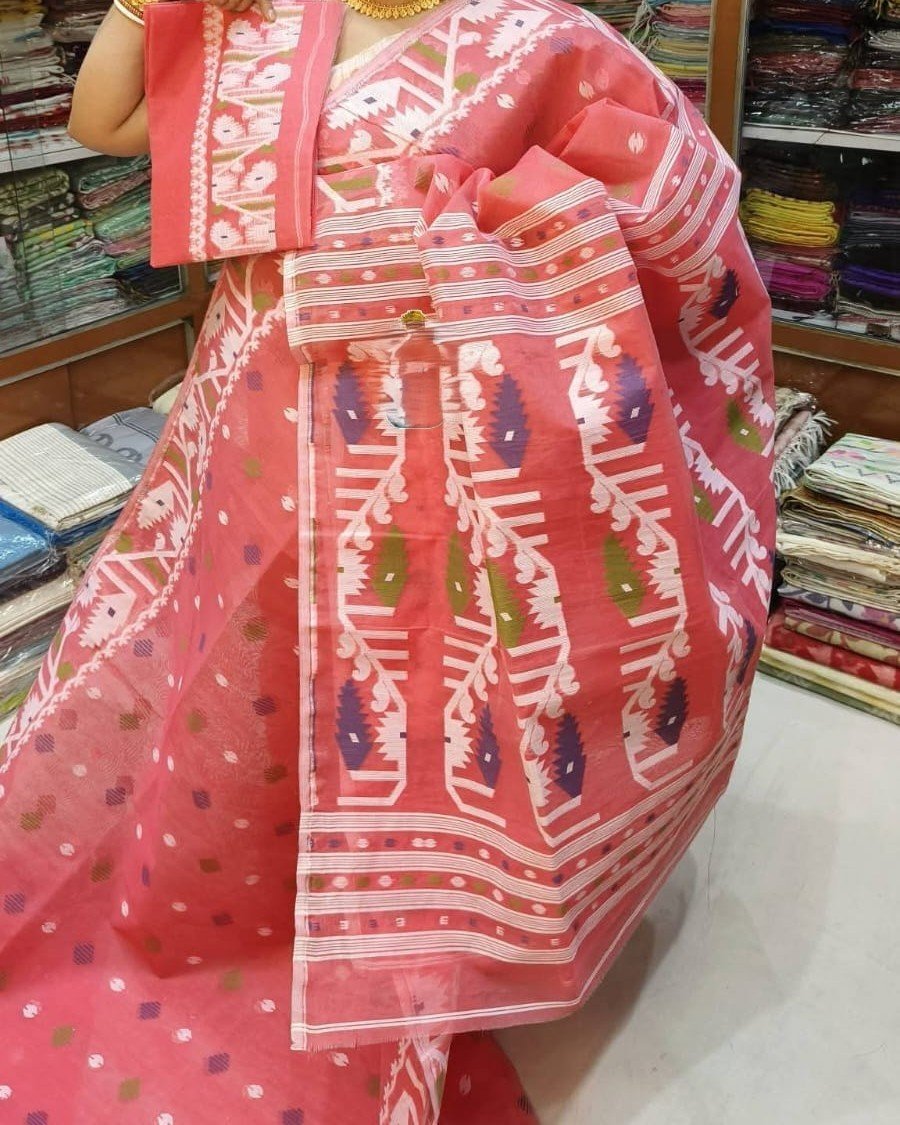 Pale Red Soft Dhakai Jamdani Sari With Blouse Piece 1 Pale Red Soft Dhakai Jamdani Sari With Blouse Piece