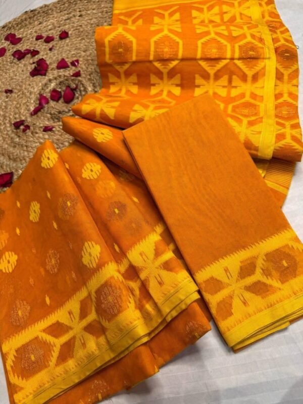Barfi Buti Soft Dhakai Jamdani Sari with Blouse Piece - Papaya Orange